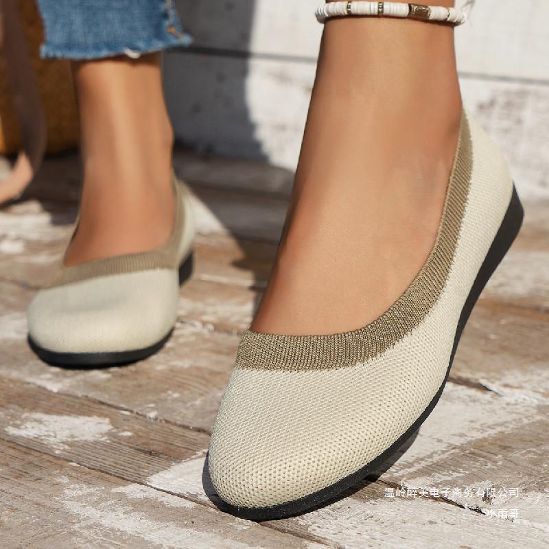 Knit Slip-on Work Shoes: Breathable Low-cut Pumps Flat Round Toe Flying Woven Design