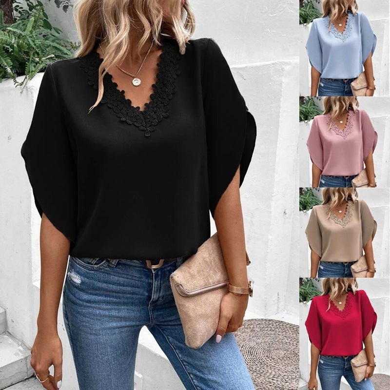 Lace V-neck Loose Shirt with Flared Sleeves