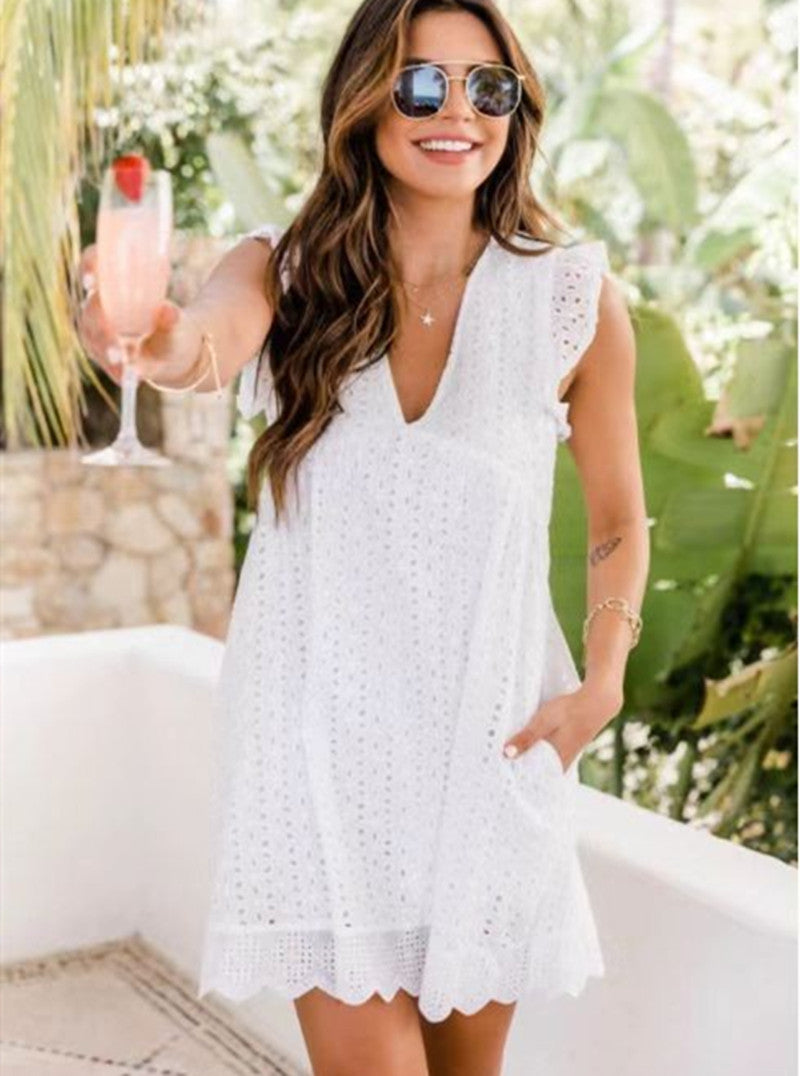 Lace Summer Beach Dress with Pockets - Sleeveless Jacquard Cutout V-Neck