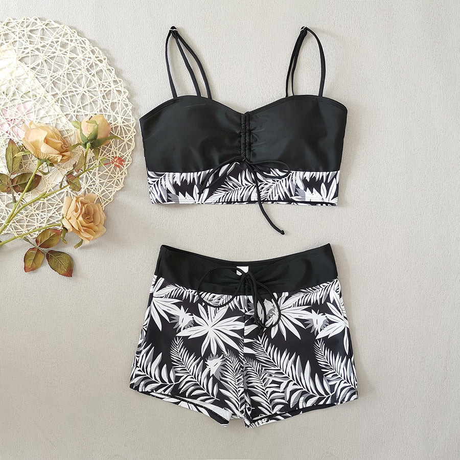 Women's Lace Printing Swimsuit with Split High Waist Boxer Design