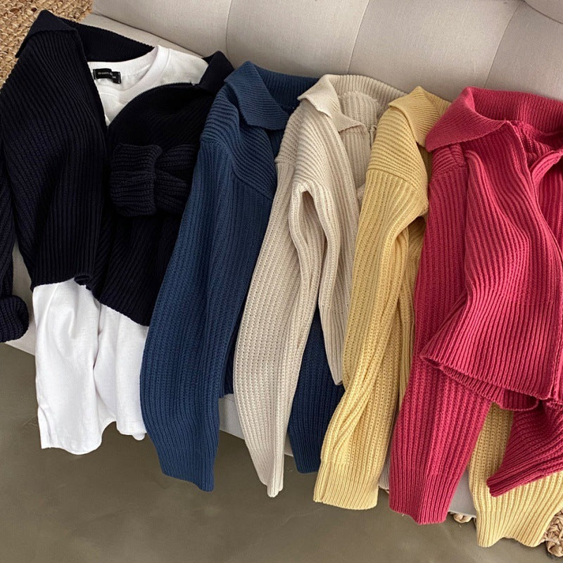 Lapel Zipper Sweater Coat for Casual Versatile Style