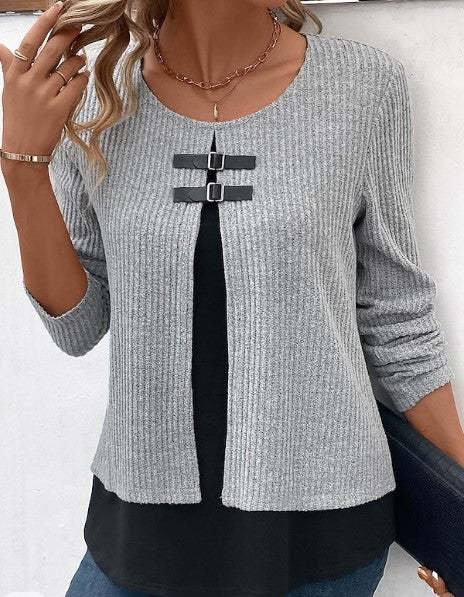 Sunken Stripe Leather Knitted Two-Piece Top with Long Sleeve Design