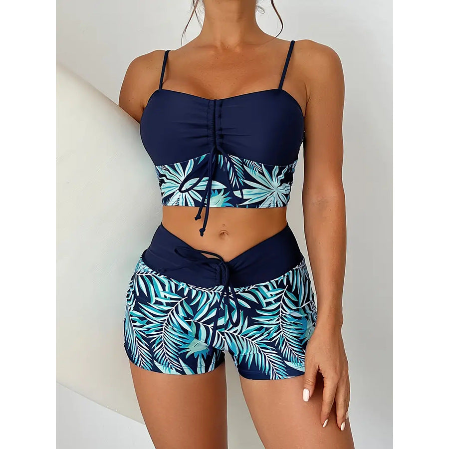 Women's Lace Printing Swimsuit with Split High Waist Boxer Design