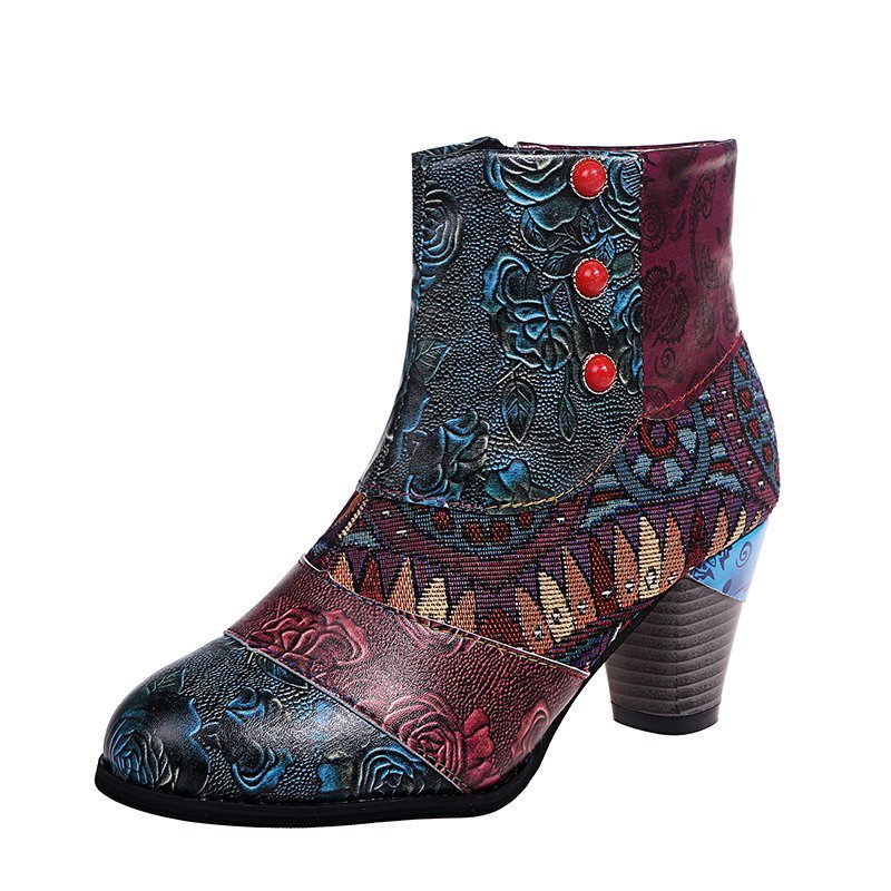 Print Ankle Boots for Women - Chunky Mid Heel Side Zipper Shoes