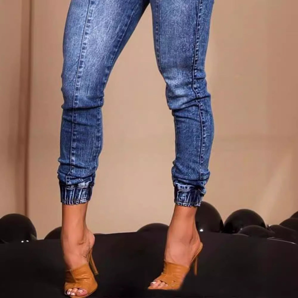 Women's Slim Fit Jeans with Elastic Waist and Lace Up Design
