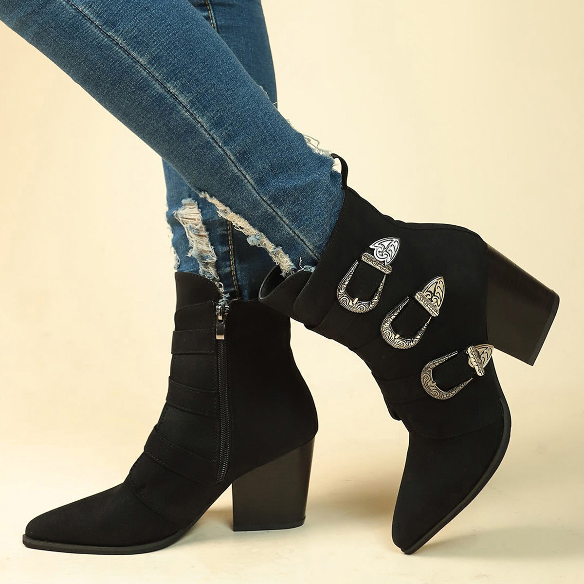 Chunky Heel Pointed Toe Boots for Women - Retro Mid-calf Fashion Boot with Belt Buckle Design for Fall Winter