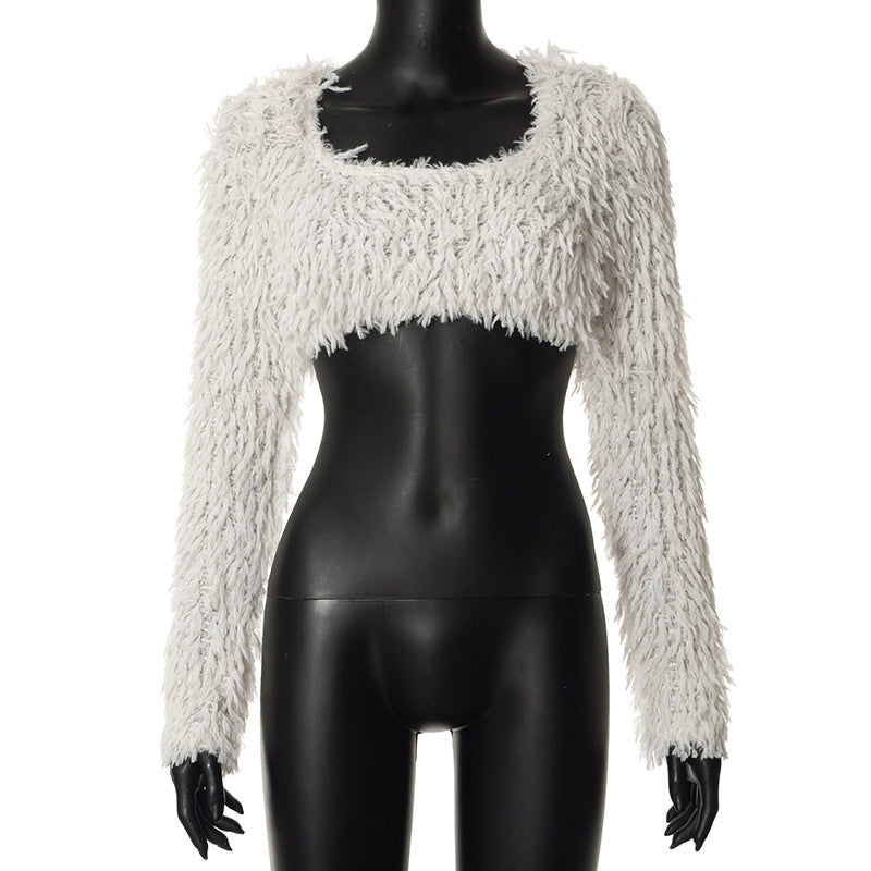Women's Fur Cinched Top - Sexy Short Solid Color Blouse for Fashionable Outfits