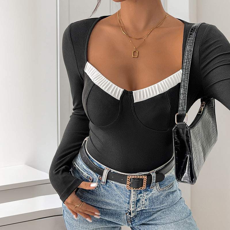 Long Sleeve Knitted Jumpsuit with Square-neck Contrast Color Design