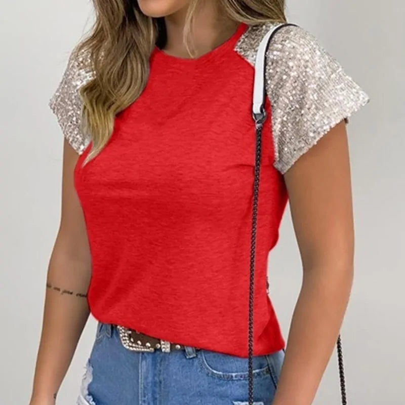 Sequined Summer Blouse O-Neck Short Sleeve Slim Fit - Store 48