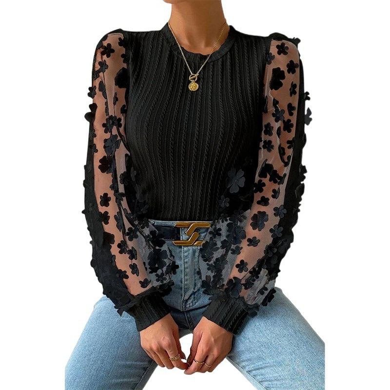 Women's Chiffon Summer Top with Mesh Small Flower Design, Round Neck Long Sleeve