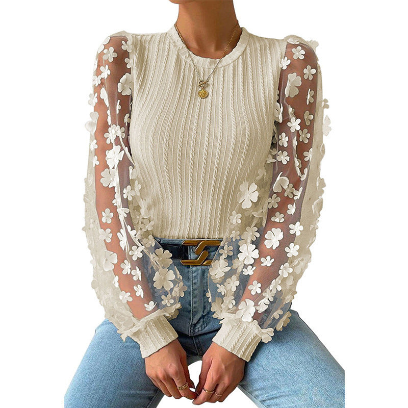 Women's Chiffon Summer Top with Mesh Small Flower Design, Round Neck Long Sleeve