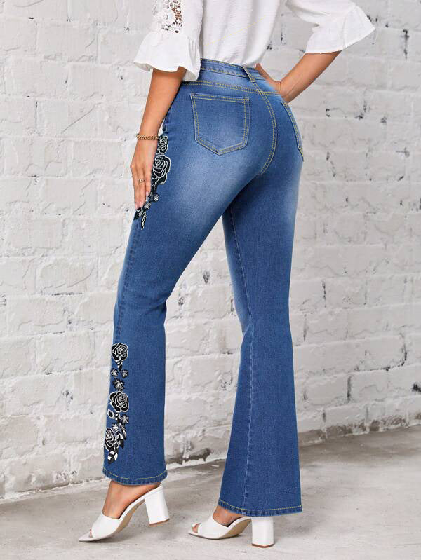 Women's Floral Embroidered Flared Jeans for Trendy Fashion