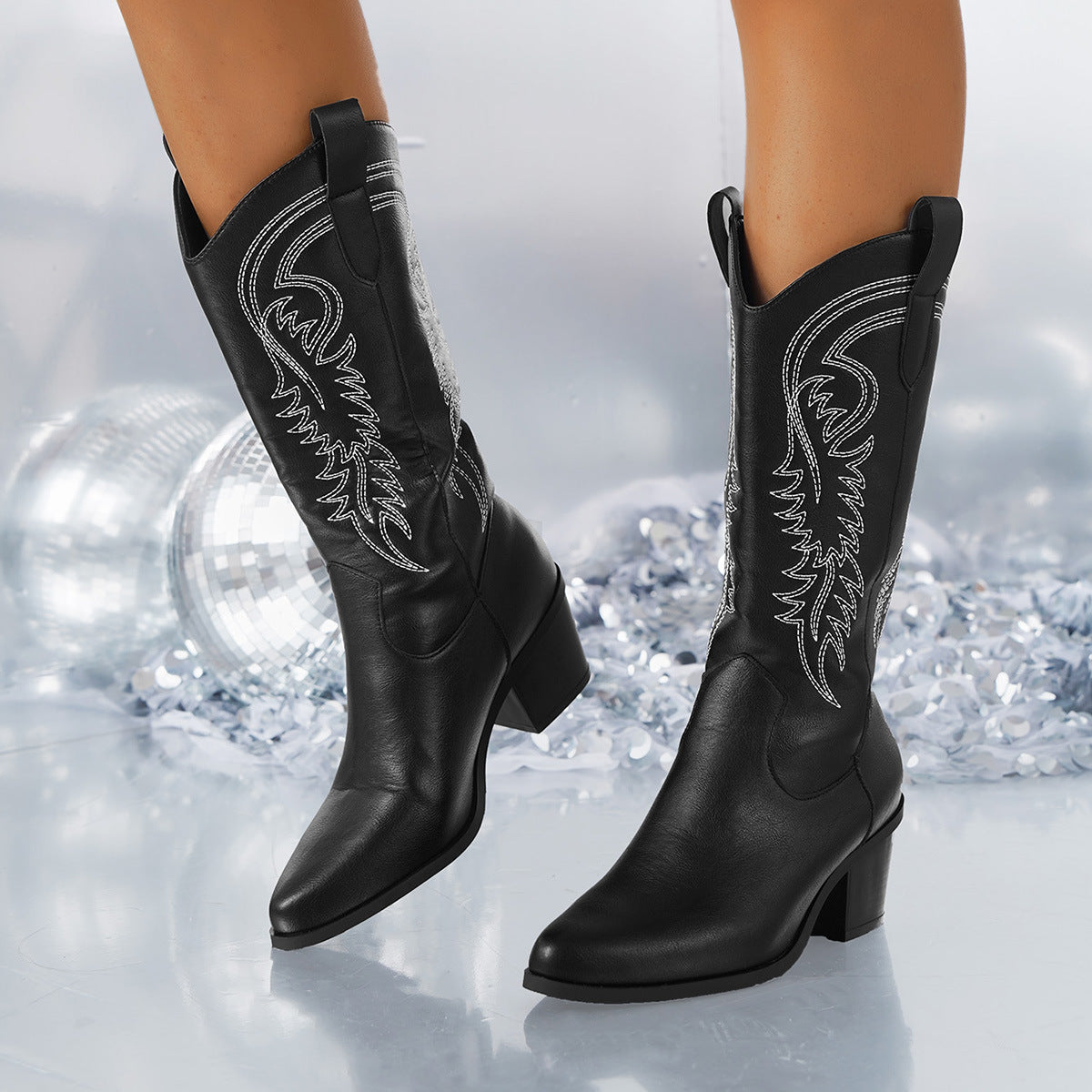 Western Embroidered Mid-calf Boots - White Knight Fashion Pointed Toe Square Heel Women's Shoes for Autumn Winter
