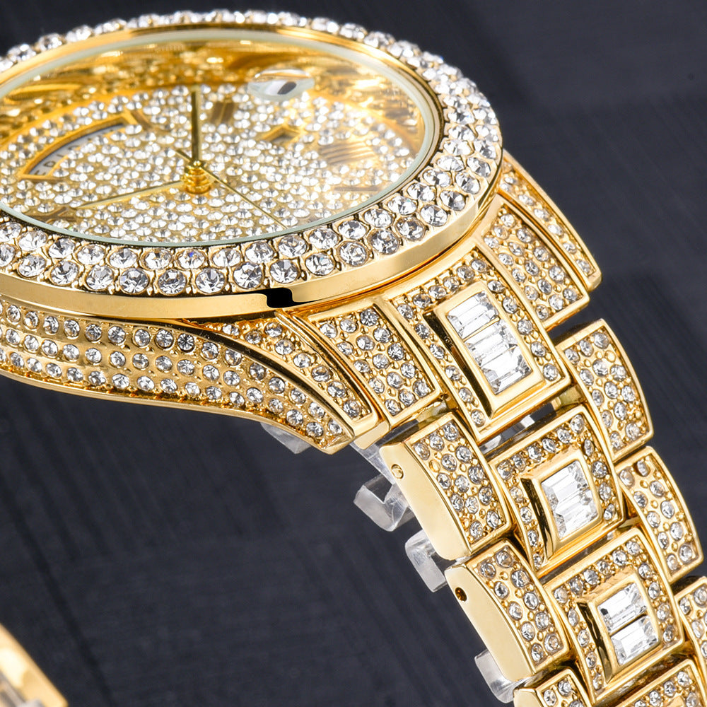 High-end Double Calendar Watch - Outside The Watch Fashionable Business Full Diamond Quartz