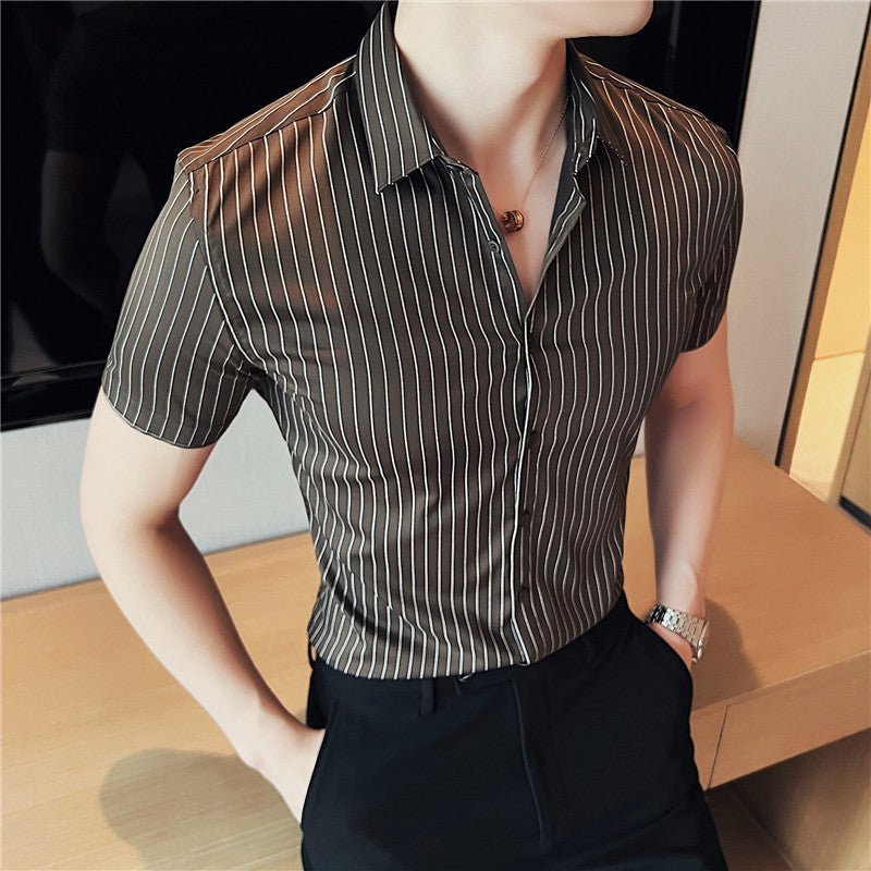 Men's Ice Silk Shirt - Leisure Short Sleeve Striped Design