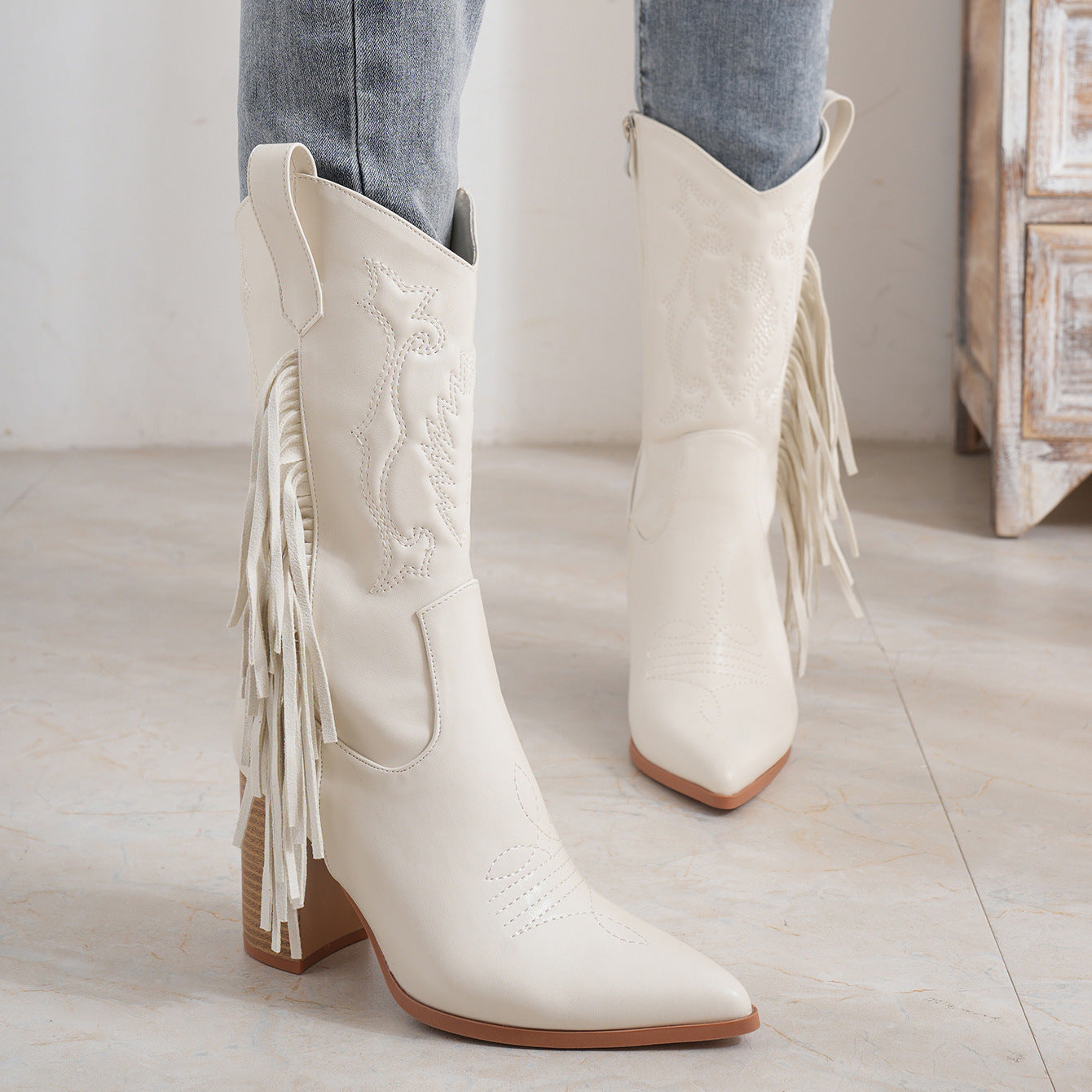 Embroidered Cowboy Boot with Tassels - White Western Style