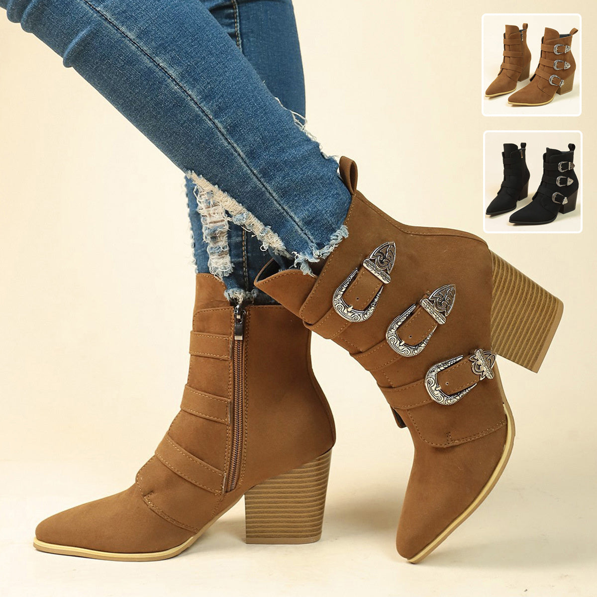 Chunky Heel Pointed Toe Boots for Women - Retro Mid-calf Fashion Boot with Belt Buckle Design for Fall Winter
