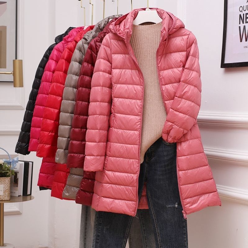 Down Jacket Women's Lightweight Down Jacket Mid-Length Hooded Warm with Detachable Hat