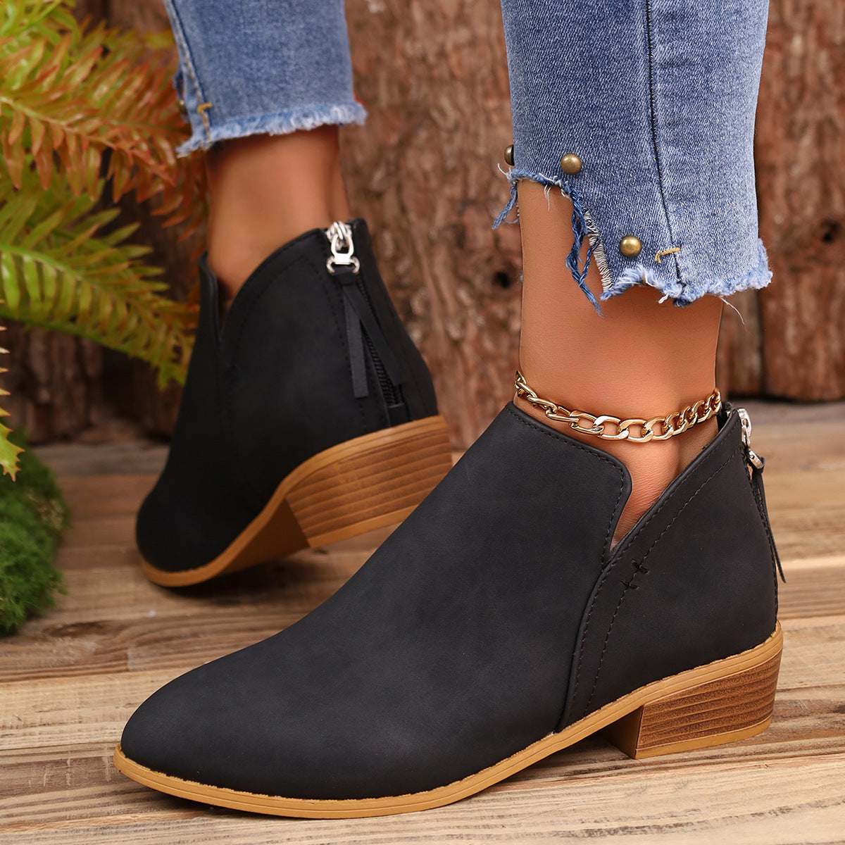 Chunky Heel Ankle Boots with V-Cut Design for Women - Fashionable Fall Winter Short Boots