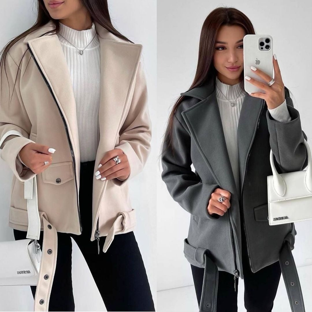 Woolen Lapel Coat - Belted Long-Sleeved Woolen Overcoat