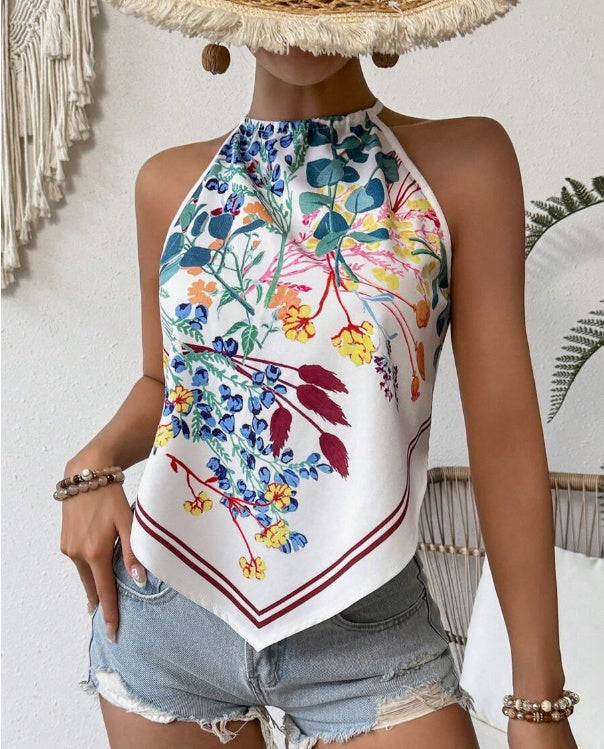Printed Notched Neck Tank Top - Sleeveless Stylish Apparel