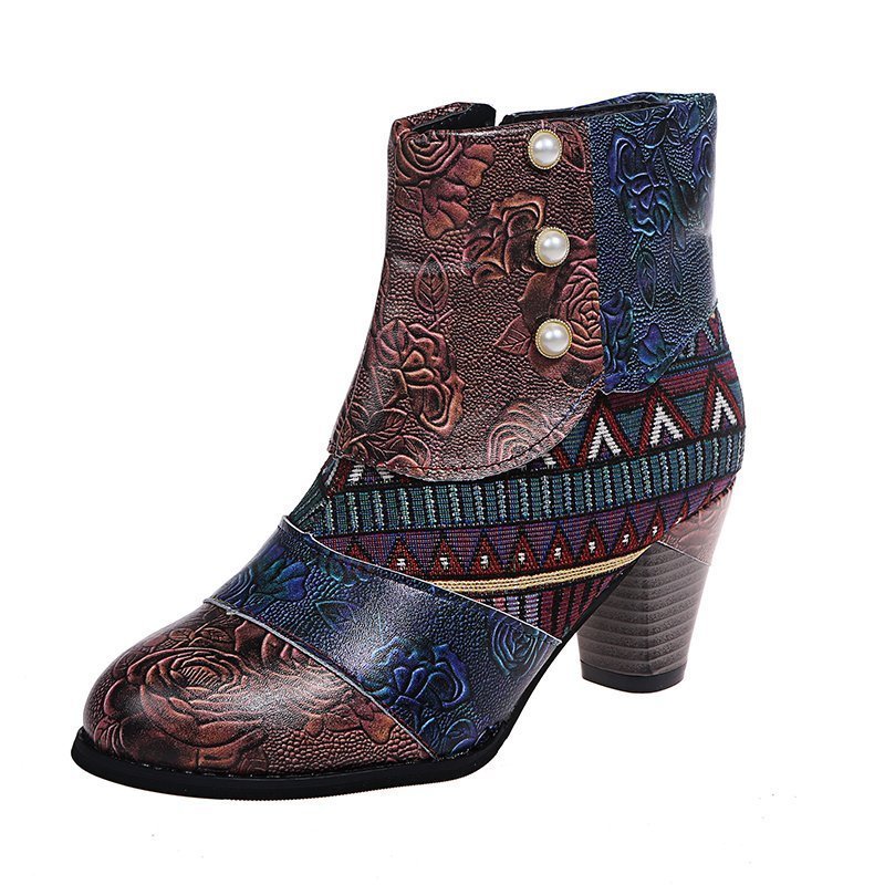 Print Ankle Boots for Women - Chunky Mid Heel Side Zipper Shoes