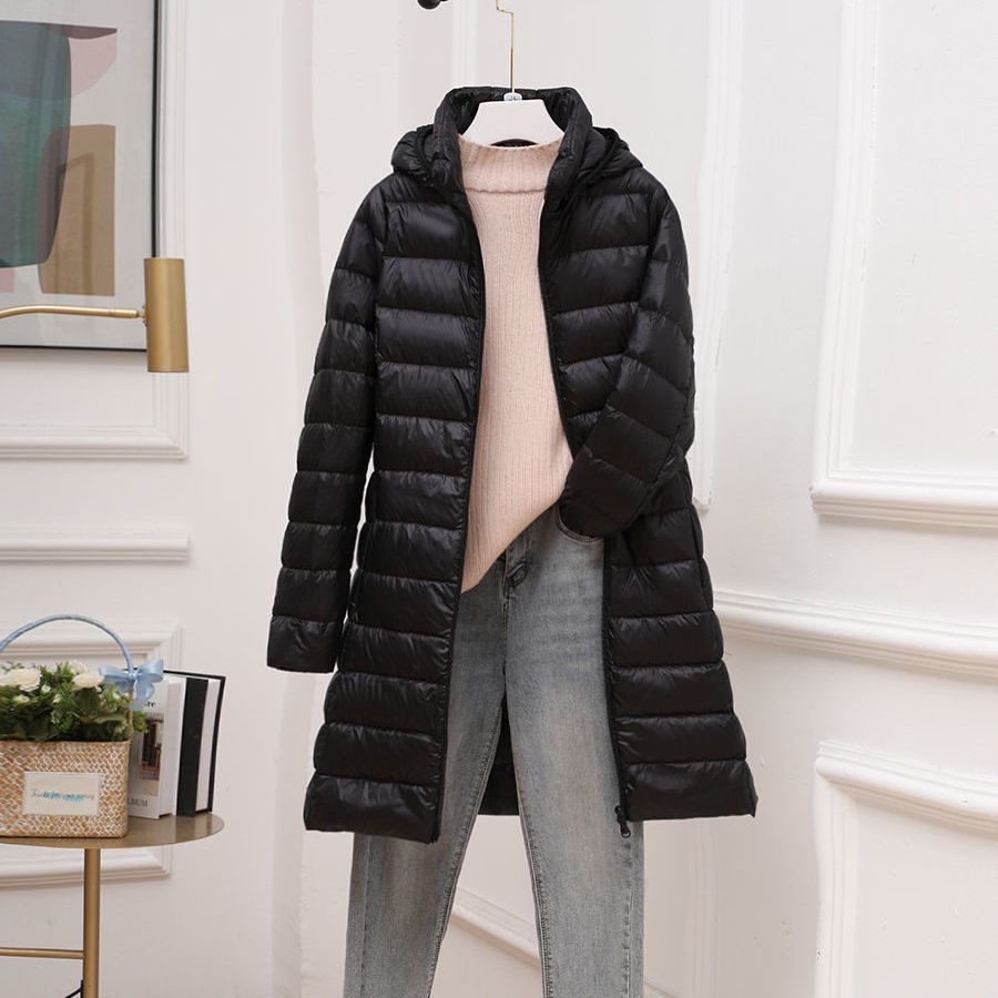 Down Jacket Women's Lightweight Down Jacket Mid-Length Hooded Warm with Detachable Hat