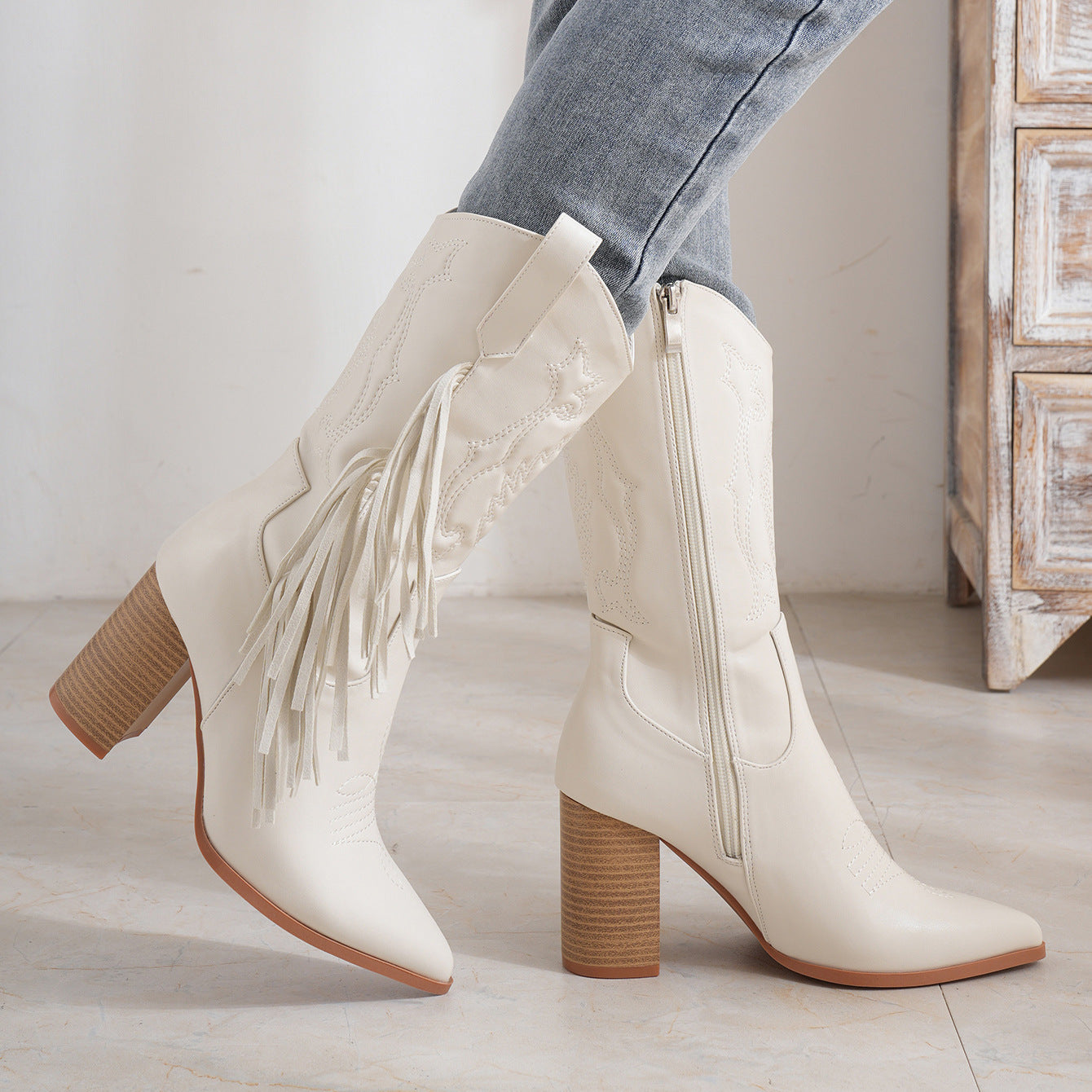Embroidered Cowboy Boot with Tassels - White Western Style