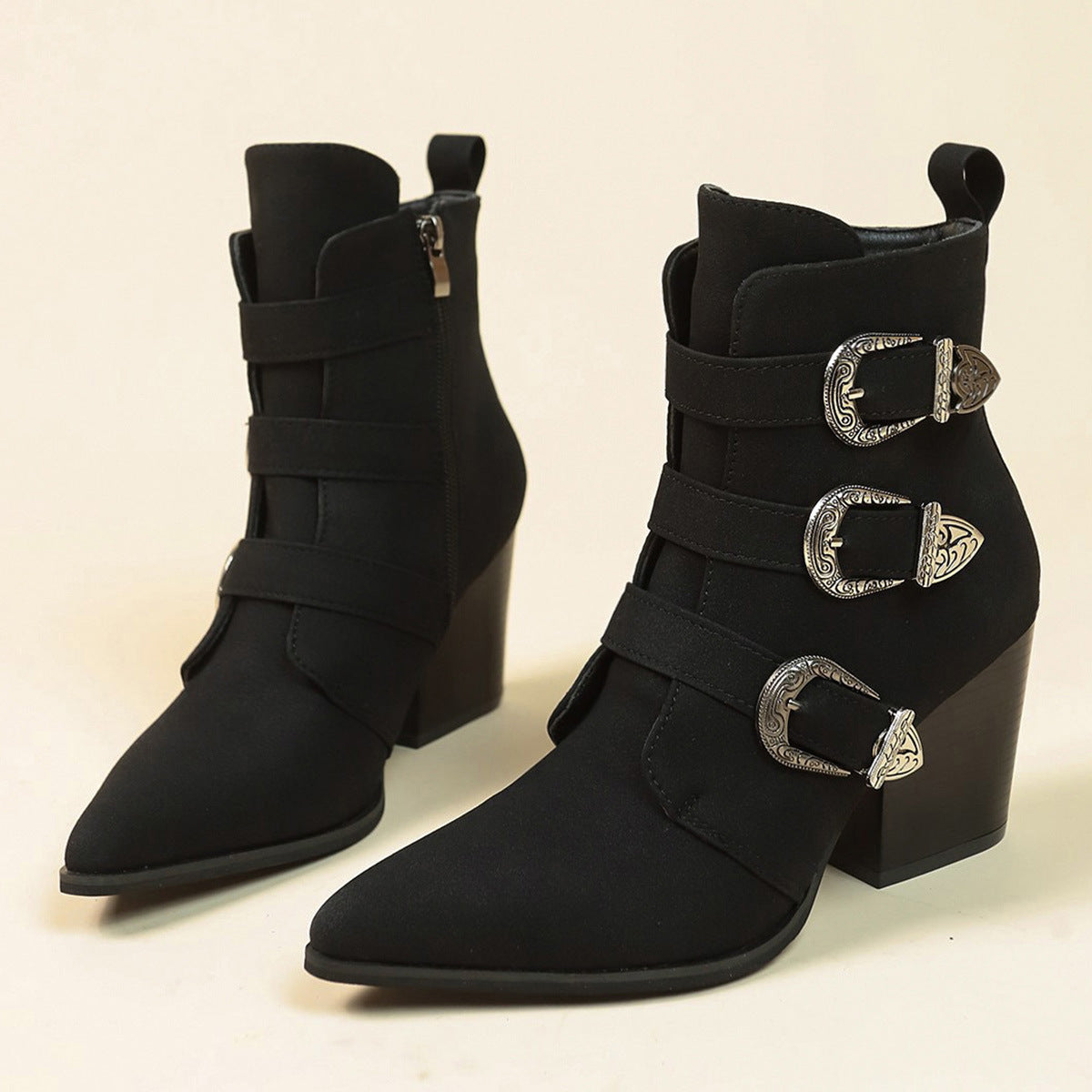 Chunky Heel Pointed Toe Boots for Women - Retro Mid-calf Fashion Boot with Belt Buckle Design for Fall Winter