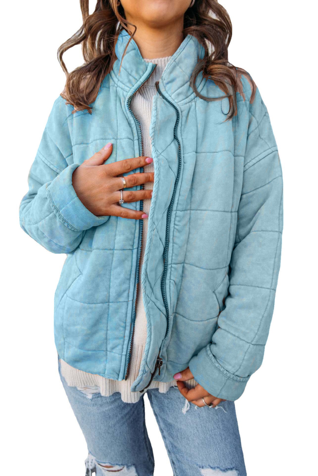 Stand Collar Cotton Jacket - Loose Long Sleeve Coat