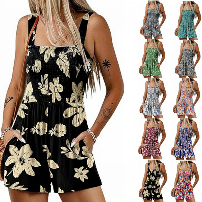 Flower Print Jumpsuit Summer Fashion Sleeveless Beach Bodysuit