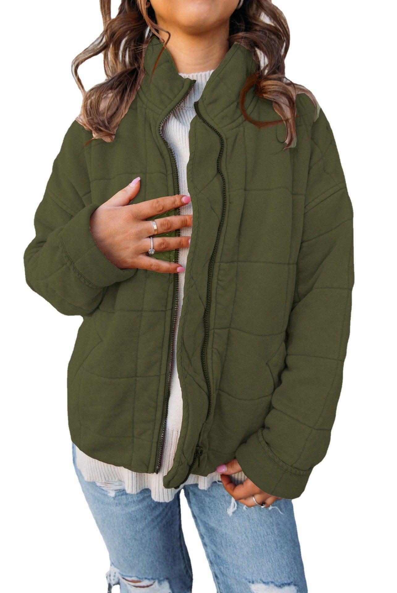 Stand Collar Cotton Jacket - Loose Long Sleeve Coat