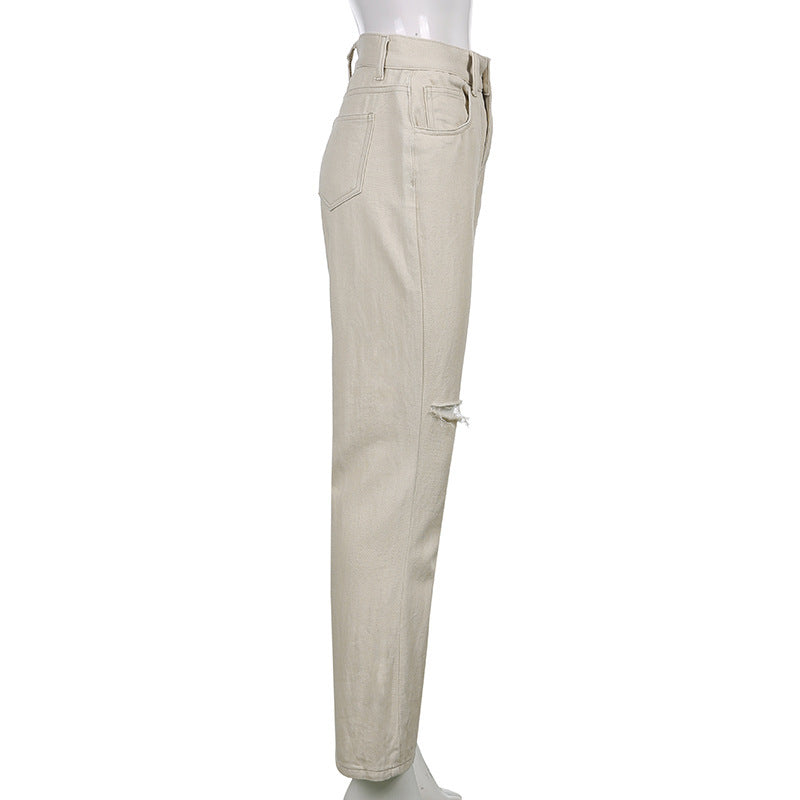Casual Wide-leg Ripped Denim Pants High-waist Trousers