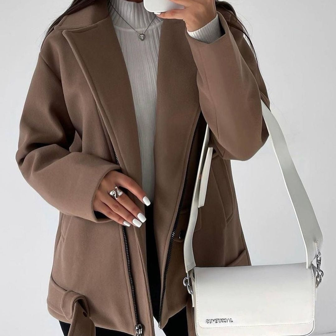 Woolen Lapel Coat - Belted Long-Sleeved Woolen Overcoat