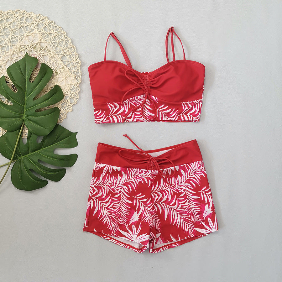 Women's Lace Printing Swimsuit with Split High Waist Boxer Design