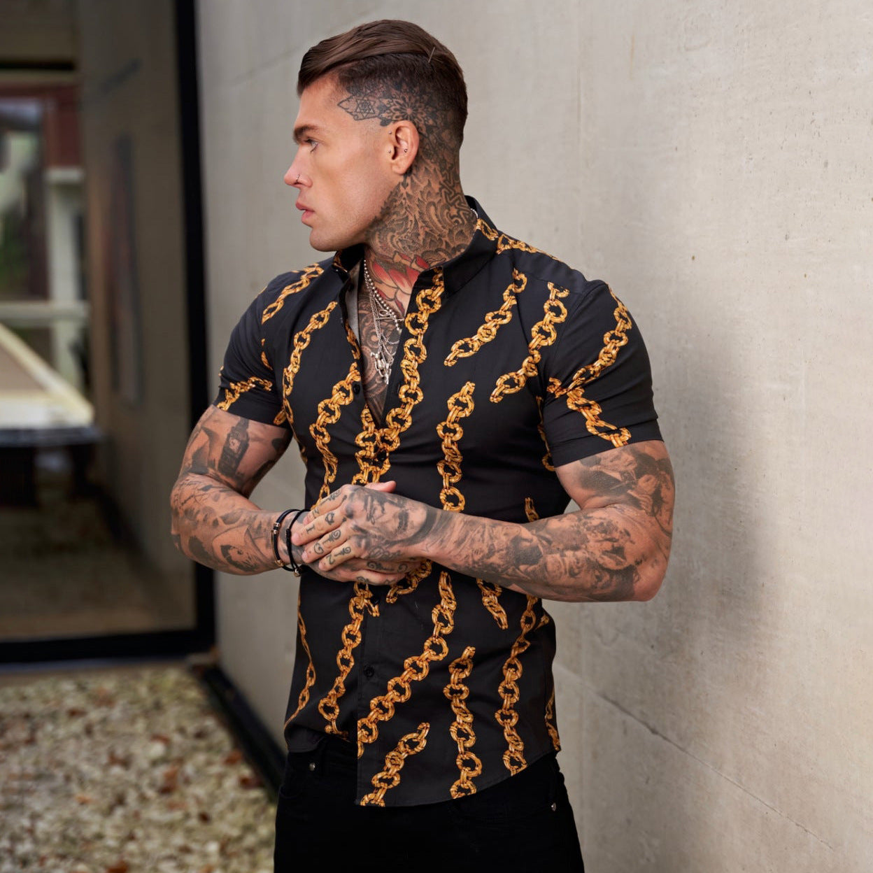 Men's Summer Slim Fit Shirt - Fashion Stretch 3D Printing Lapel Short Sleeves