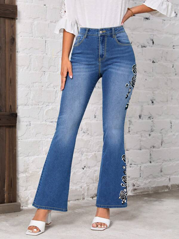 Women's Floral Embroidered Flared Jeans for Trendy Fashion
