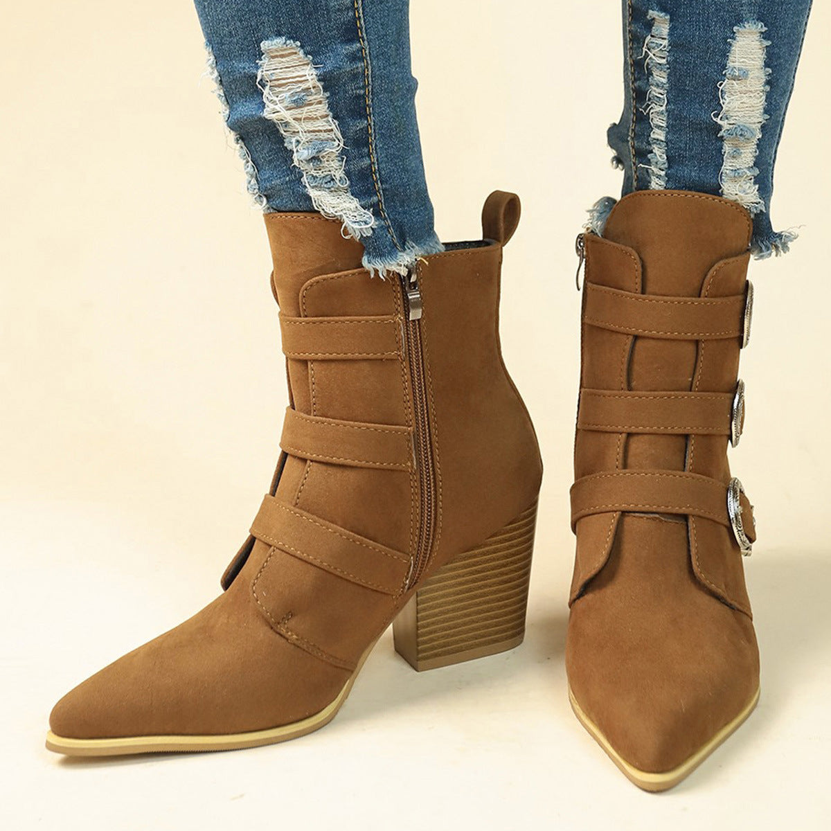 Chunky Heel Pointed Toe Boots for Women - Retro Mid-calf Fashion Boot with Belt Buckle Design for Fall Winter
