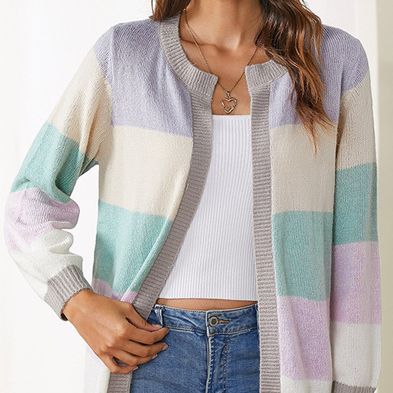 Women's Loose Sweater Coat - Color Matching Temperament Crew Neck Design