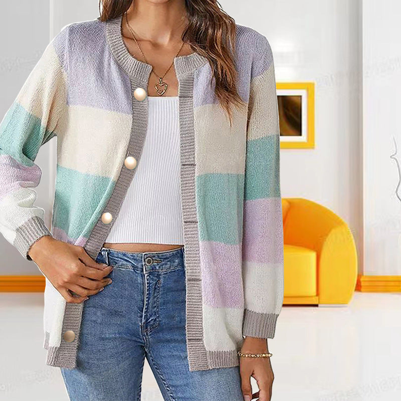 Women's Loose Sweater Coat - Color Matching Temperament Crew Neck Design