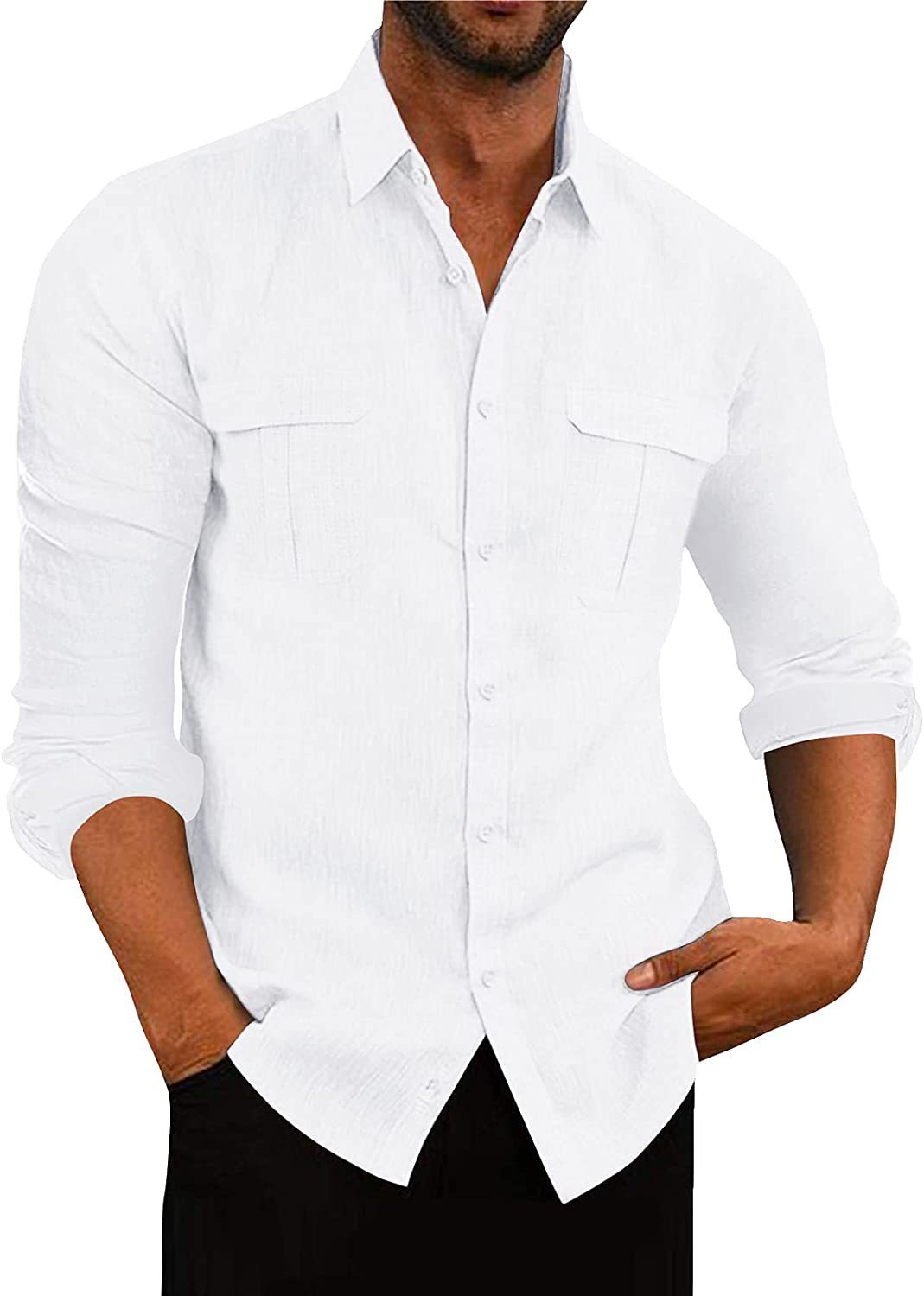 Men's Cotton Linen Shirt with Double Pockets for Casual Wear