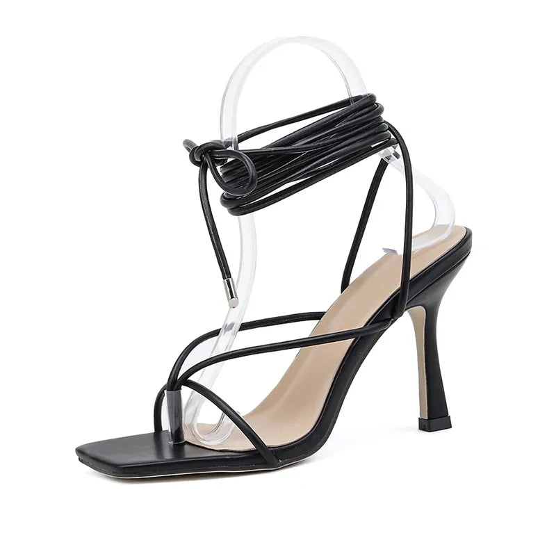 Vintage High Heel Sandals - Square Toe Cross Strap Women's Sandals