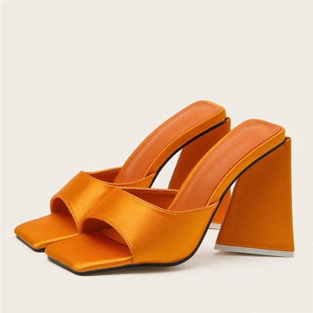 Summer Silk Block Heels - Slides Mules with Thick Heels