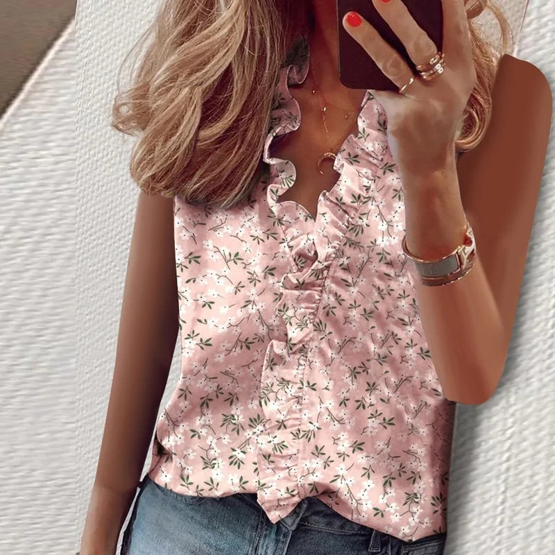 Pineapple Print Summer Tank Top with Ruffles and V-neck for Women - Store 48