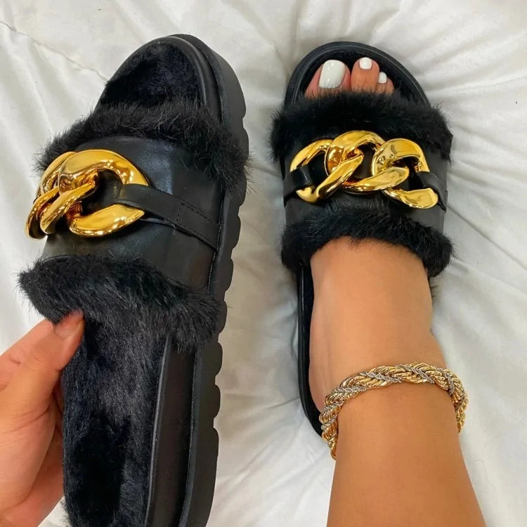 Summer Women's Sandals with Plush Open Toe and Metal Chain Design