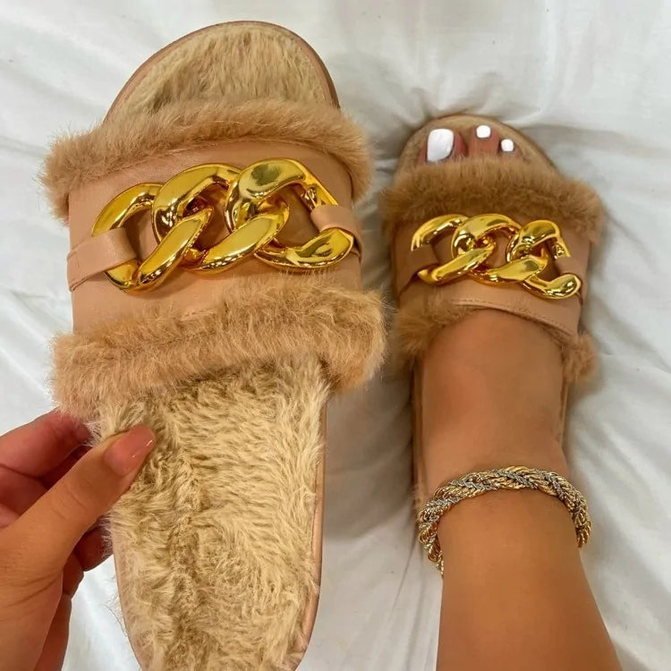 Summer Women's Sandals with Plush Open Toe and Metal Chain Design
