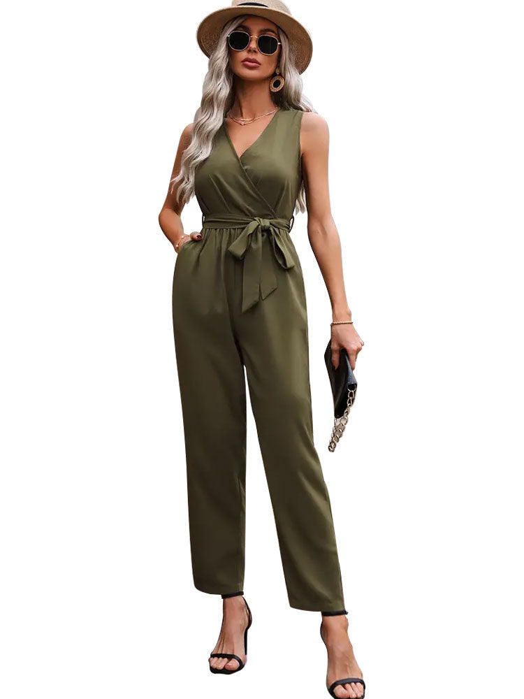 Elegant Sleeveless Jumpsuit with Cross Collar and Waistline Lace-up Design