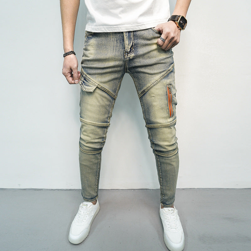 Spring and Summer Men's Skinny Jeans with Elastic Stitching and Zipper Decorations for Stylish Comfort