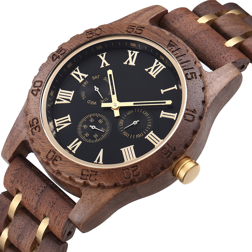 Retro Men's Quartz Watch - Walnut Gold Multi-functional Design