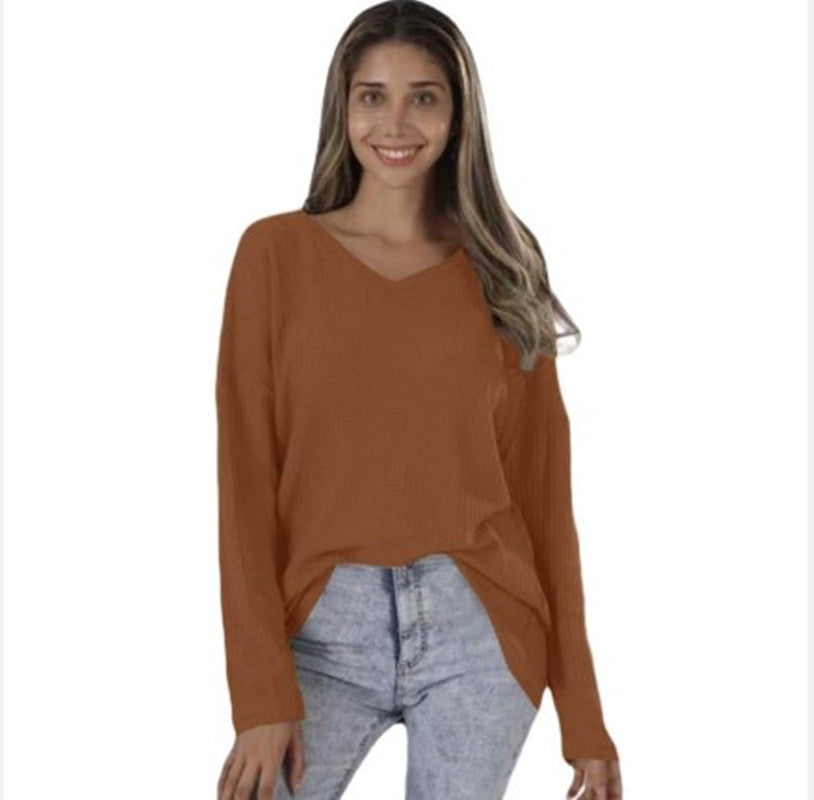 Plus Size V-neck Knitted Shirt for Women - Loose Fit Street Style